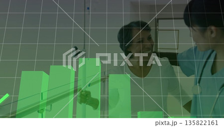 Nurse in scrubs supporting patient walking on parallel bars in therapy room, with chart overlay Nurse in scrubs supporting patient walking on parallel bars in therapy room, with chart overlay 135822161