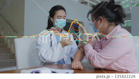 Masked Korean doctor in white coat drawing dose from vial in exam room, with syringe, stethoscope 135822226