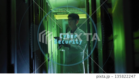 Man wearing labcoat with digital tablet scanning racks in datacenter, with cybersecurity overlay 135822247