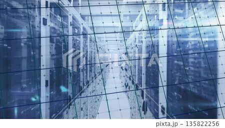Displaying central aisle running through data center, with server racks and network grid overlay 135822256