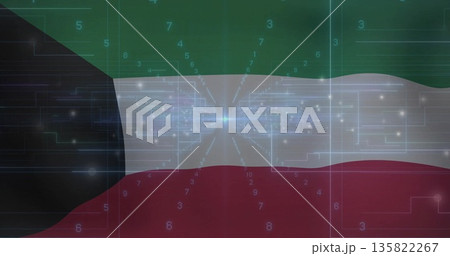Rippling Kuwait flag showing circuit overlay in matrix, with glowing digits, light flare Rippling Kuwait flag showing circuit overlay in matrix, with glowing digits, light flare 135822267