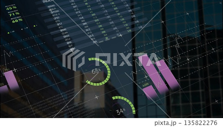 Displaying financial dashboard overlaying glass in office lobby, with data table, charts and device 135822276