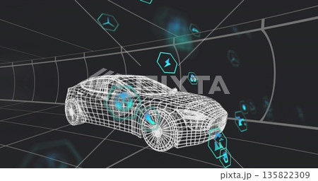 Rotating 3D wireframe car model displaying in grid tunnel, with floating hexagonal tech icons 135822309