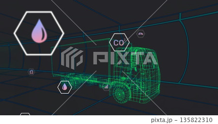 Navigating green wireframe semi-truck through virtual grid corridor, with hex droplet and CO? icons 135822310