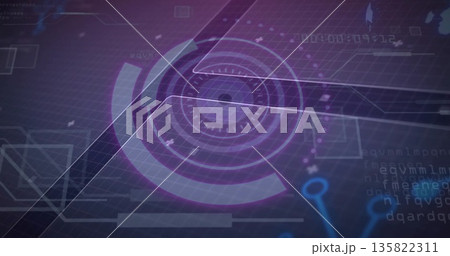 Displaying HUD over purple grid, featuring concentric rings, translucent panels, code snippets 135822311