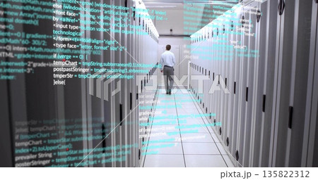 Walking man in business attire navigating corridor between server racks, with floating code overlay Walking man in business attire navigating corridor between server racks, with floating code overlay 135822312