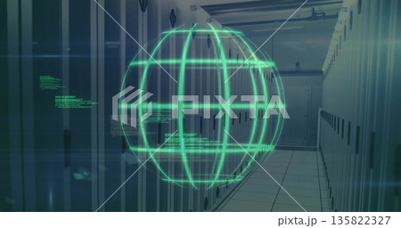 Floating green holographic sphere displaying code in server room aisle, flanked by racks and ducts 135822327