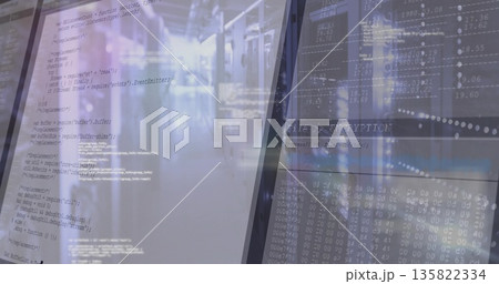 Displaying server racks with blinking LEDs in data center corridor showing code encryption overlay Displaying server racks with blinking LEDs in data center corridor showing code encryption overlay 135822334