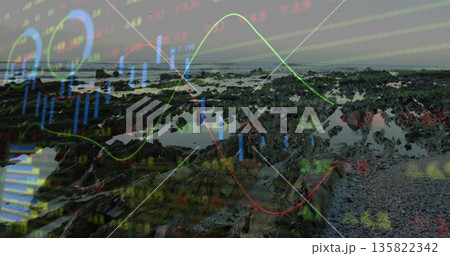 Showing jagged rock formations revealing tidal pools on coastline, with floating financial graphics Showing jagged rock formations revealing tidal pools on coastline, with floating financial graphics 135822342