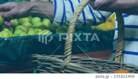 Selecting shopper wearing striped sweater picking plums from bin at market stall with wicker basket 135822409