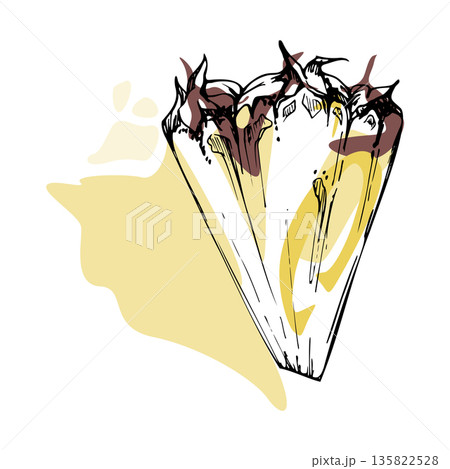 Tropical fruit slice, yellow pineapple wedge with textured pulp hand drawn in ink. Vector garnish for cocktail sets, tiki smoothie menus, summer party prints, exotic food branding, island beach ads Tropical fruit slice, yellow pineapple wedge with textured pulp hand drawn in ink. Vector garnish for cocktail sets, tiki smoothie menus, summer party prints, exotic food branding, island beach ads 135822528