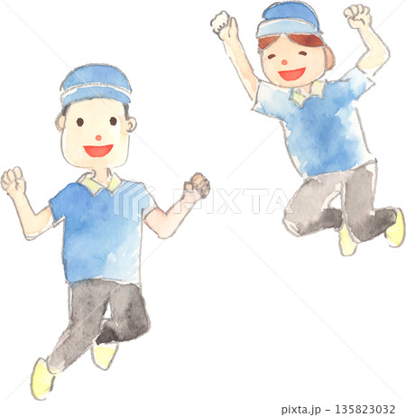 ジャンプする作業員のイラスト　ベクター 135823032