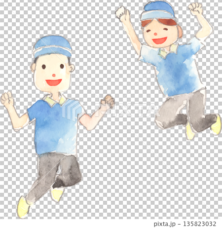 ジャンプする作業員のイラスト　ベクター 135823032