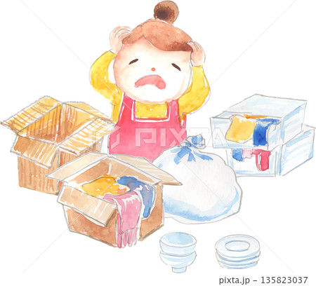 片付かない引っ越し荷物に困っている女性のイラスト　ベクター 135823037
