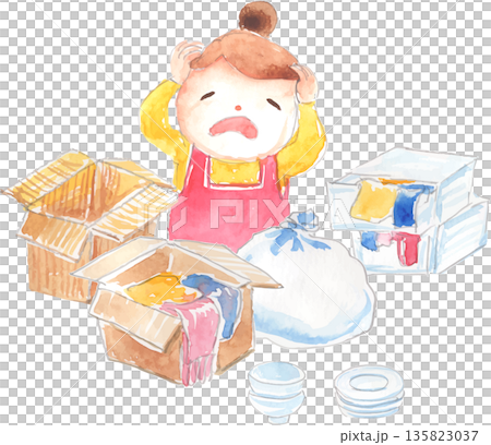 一位女士費力地搬運雜亂的搬家行李的插圖 - 向量圖 135823037