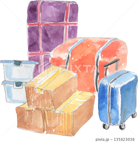 たくさんの引っ越し荷物のイラスト　ベクター 135823038