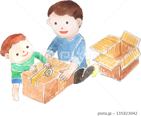 引越しの荷造りをする親子のイラスト　ベクター 135823042
