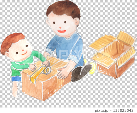 引越しの荷造りをする親子のイラスト　ベクター 135823042