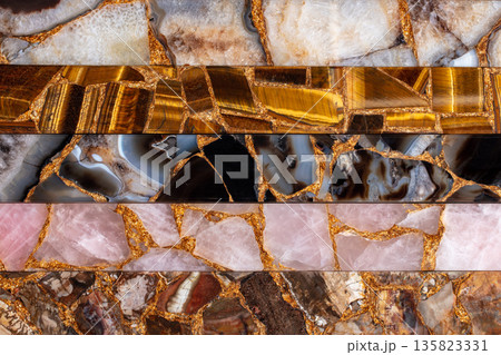 Petrified wood, Rose Quartz, Agate black, Tigers Eye, set of luxury precious stones with gold leafs. 135823331