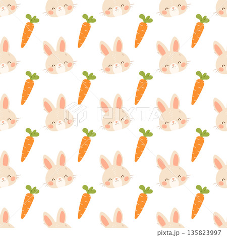 Cute bunny rabbit with carrot seamless pattern. Flat vector illustration 135823997