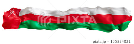 Stylized flag of Oman waving in the wind, isolated on white background. Footer, header or divider. Cut out wide, panoramic element. Banner for patriotic themes or national event promotions. 3D. Stylized flag of Oman waving in the wind, isolated on white background. Footer, header or divider. Cut out wide, panoramic element. Banner for patriotic themes or national event promotions. 3D. 135824021