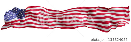 Stylized flag of USA waving in the wind, isolated on white background. Footer, header or divider. Cut out wide, panoramic element. Banner for patriotic themes or national event promotions. 3D. Stylized flag of USA waving in the wind, isolated on white background. Footer, header or divider. Cut out wide, panoramic element. Banner for patriotic themes or national event promotions. 3D. 135824023