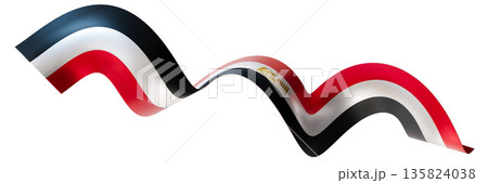 Flag of Egypt, like a ribbon, isolated on white background. Footer, header or divider. Cut out wide, panoramic element. Banner for patriotic themes or national event promotions. Wave shape. 3D. 135824038