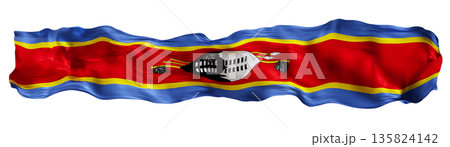 Stylized flag of Eswatini waving in the wind, isolated on white background. Footer, header or divider. Cut out wide, panoramic element. Banner for patriotic themes or national event promotions. 3D. Stylized flag of Eswatini waving in the wind, isolated on white background. Footer, header or divider. Cut out wide, panoramic element. Banner for patriotic themes or national event promotions. 3D. 135824142