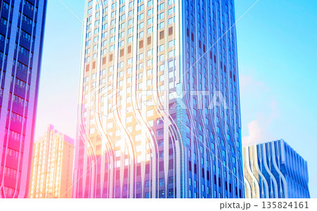 Skyscrapers in bright glass exteriors sunlight on sunset. Modern facade office buildings in China Skyscrapers in bright glass exteriors sunlight on sunset. Modern facade office buildings in China 135824161