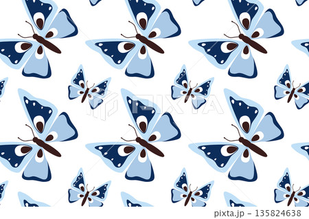 Seamless pattern with a blue butterfly with spread wings in flight. Summer butterfly. Hand-drawn spring insect. Beautiful summer tropical moths. Flat style. Seamless pattern with a blue butterfly with spread wings in flight. Summer butterfly. Hand-drawn spring insect. Beautiful summer tropical moths. Flat style. 135824638