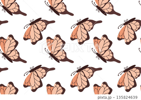 Seamless pattern with a pink butterfly with folded wings. Summer butterfly. Spring insect illustration. Beautiful hand-drawn summer tropical moths. Flat style. Seamless pattern with a pink butterfly with folded wings. Summer butterfly. Spring insect illustration. Beautiful hand-drawn summer tropical moths. Flat style. 135824639