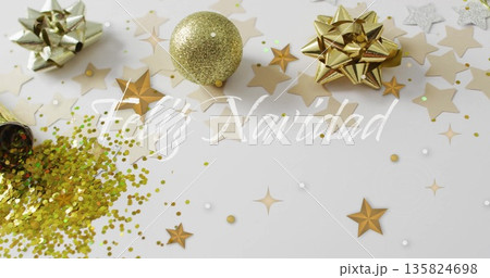 Feliz Navidad text image over Christmas decorations with stars and glitter 135824698