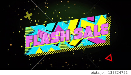 Displaying tilted sale banner, neon patterns, gold dots, yellow plus, red triangle on dark backdrop Displaying tilted sale banner, neon patterns, gold dots, yellow plus, red triangle on dark backdrop 135824731