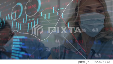 Studying woman wearing surgical mask, shirt viewing financial charts overlay in office, copy space Studying woman wearing surgical mask, shirt viewing financial charts overlay in office, copy space 135824758