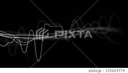 Displaying overlapping waveform lines across black canvas, with thin solid, dashed, dotted peaks Displaying overlapping waveform lines across black canvas, with thin solid, dashed, dotted peaks 135824774