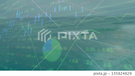 Overlaying green financial data on sunlit sea featuring line graph candlestick percentage pie chart 135824829