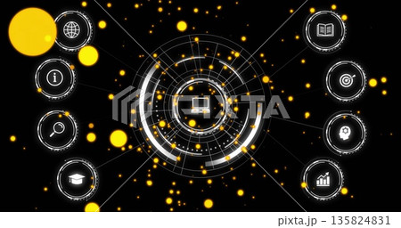 Displaying laptop icon surrounded by HUD rings on black interface, with nodes and yellow glow Displaying laptop icon surrounded by HUD rings on black interface, with nodes and yellow glow 135824831