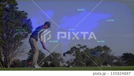 Standing golfer wearing navy polo addressing golf ball on tee box, driver and world map overlay Standing golfer wearing navy polo addressing golf ball on tee box, driver and world map overlay 135824887