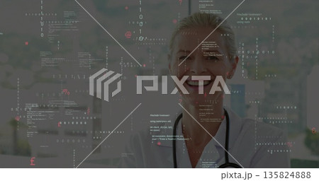 Smiling doctor wearing white coat and stethoscope in glass room with digital overlay, copy space Smiling doctor wearing white coat and stethoscope in glass room with digital overlay, copy space 135824888