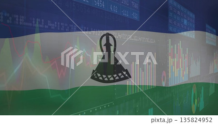 Waving Lesotho flag in finance display, with mokorotlo hat and financial charts, tickers and grids 135824952