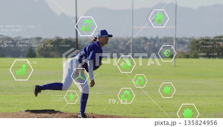 Female athlete in blue uniform releasing pitch on mound at grass field, with glove, data overlays 135824956