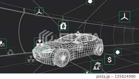 Displaying wireframe sedan model within grid-lined tunnel, with floating green energy icons Displaying wireframe sedan model within grid-lined tunnel, with floating green energy icons 135824990