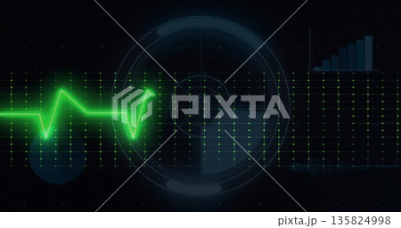 Pulsing neon-green waveform scanning digital grid panel, with circular HUD rings and blue bar chart Pulsing neon-green waveform scanning digital grid panel, with circular HUD rings and blue bar chart 135824998