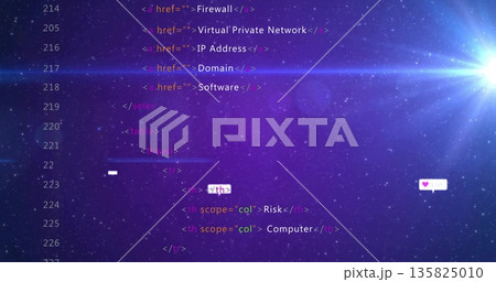 Displaying code snippet showing anchor tags and headers in editor with cosmic backdrop, copy space 135825010
