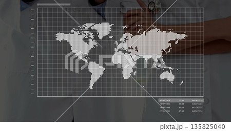 Displaying white coat doctors studying world map on transparent display in lab, with stethoscopes Displaying white coat doctors studying world map on transparent display in lab, with stethoscopes 135825040