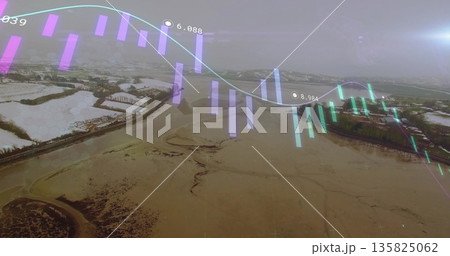 Displaying aerial farmland with snowy fields and flooded patches, showing financial chart overlay 135825062