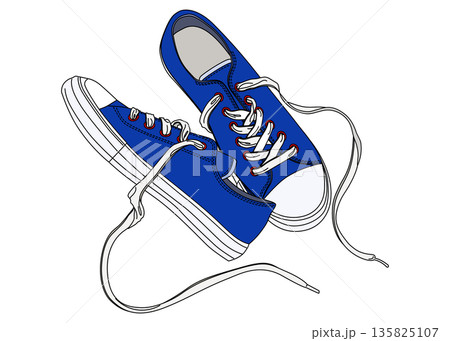 青いスニーカーを真上から俯瞰したイラスト 横向き 135825107