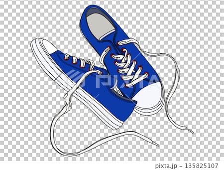 青いスニーカーを真上から俯瞰したイラスト 横向き 135825107