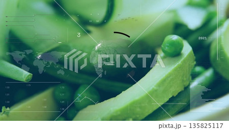 Displaying central pale green vegetable slice balancing bright green pea in stylized data dashboard Displaying central pale green vegetable slice balancing bright green pea in stylized data dashboard 135825117