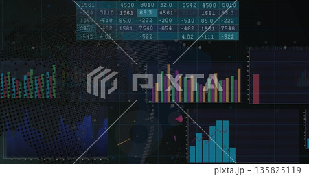 Displaying data dashboard on screen, with numeric table, bars, grid lines, gauge and globe overlay Displaying data dashboard on screen, with numeric table, bars, grid lines, gauge and globe overlay 135825119